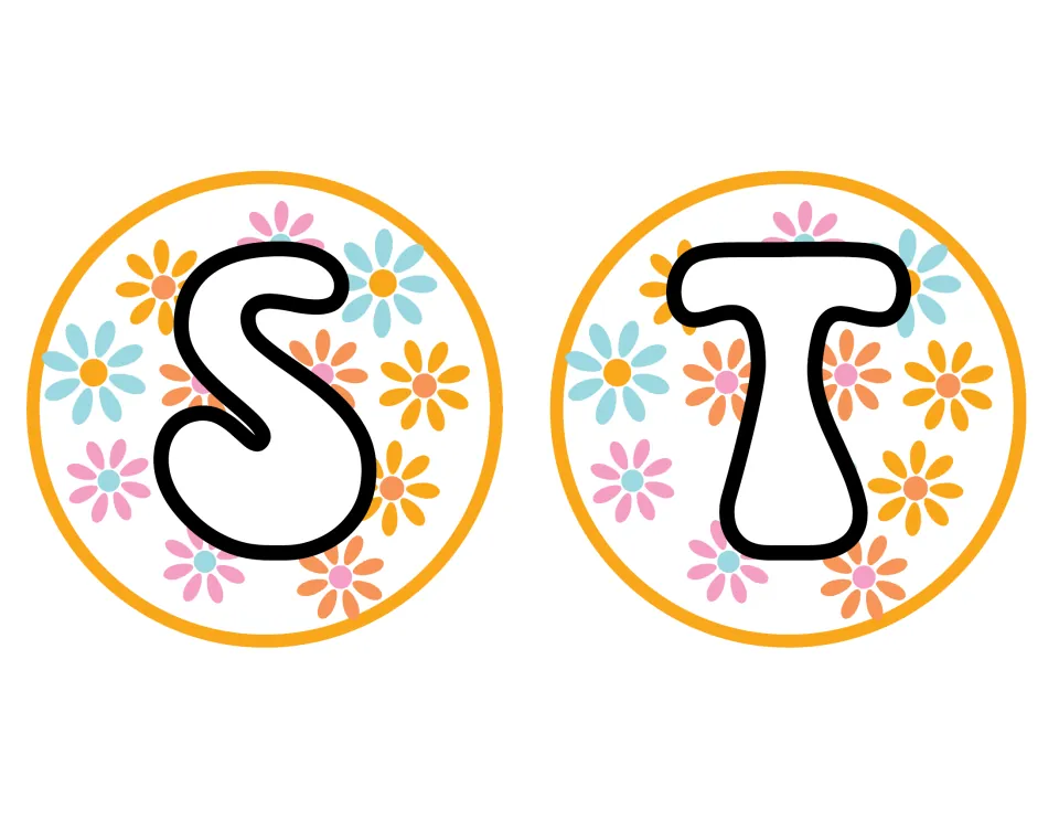 Groovy capital letters S and T for classroom decor, white rounded lettering on round cutouts dotted with pastel daisies