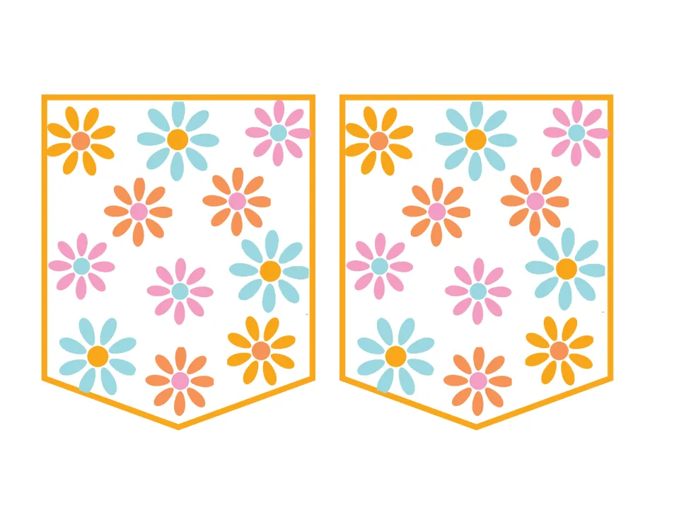 Retro banner pennants: two pieces covered in scattered daisies in orange, pink, blue and yellow, with no lettering
