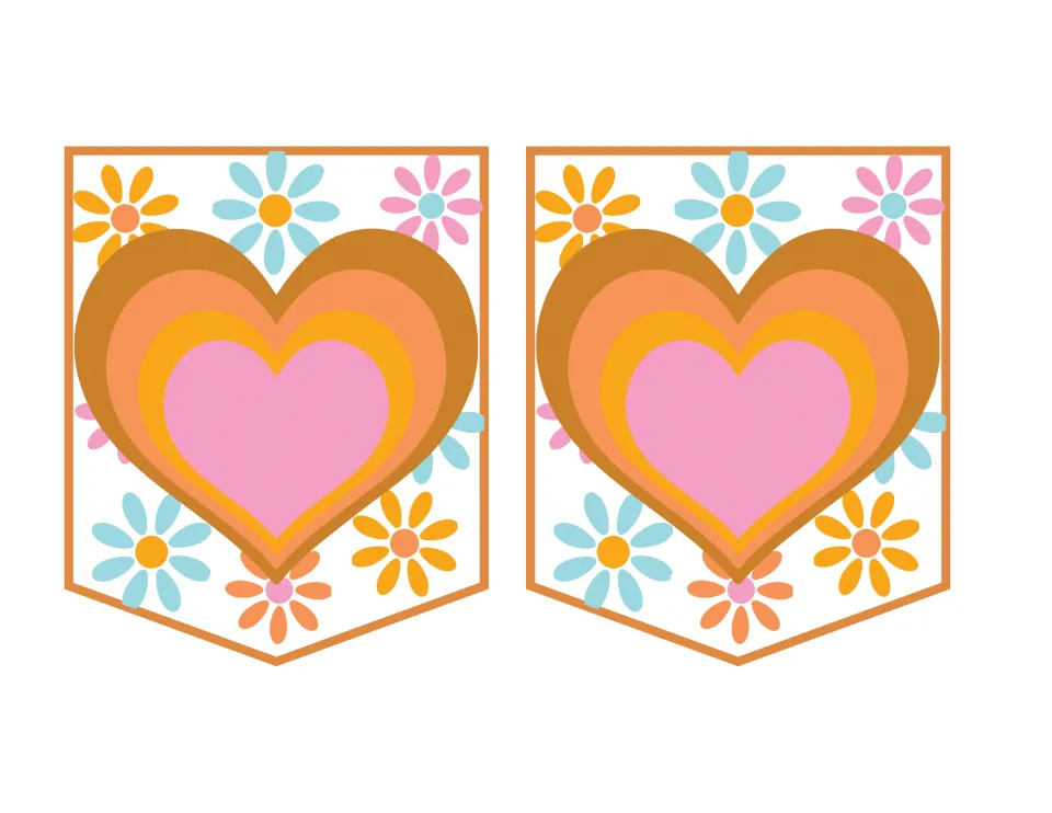 Retro banner pennants: two pieces each showing a layered pink, orange and brown heart over a scattered daisy pattern