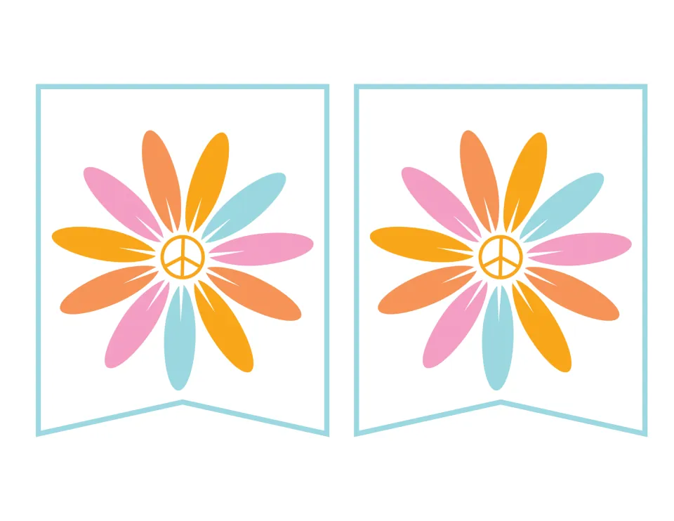 Retro banner pennants: two pieces each with one large multicolor daisy whose center is a peace sign