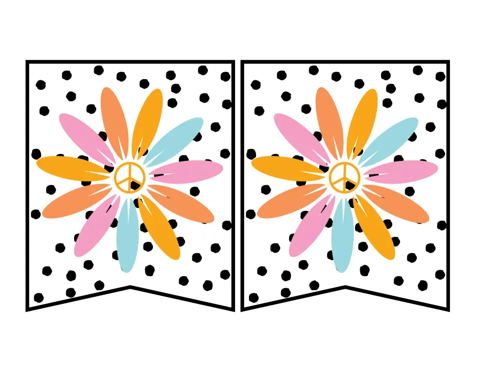 Retro banner pennants: two pieces with a large peace-sign daisy set over scattered black polka dots