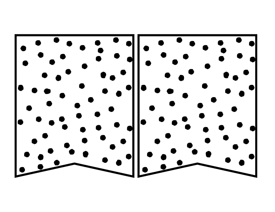 Black-and-white banner pennants: two pieces covered in scattered black polka dots with no image or lettering
