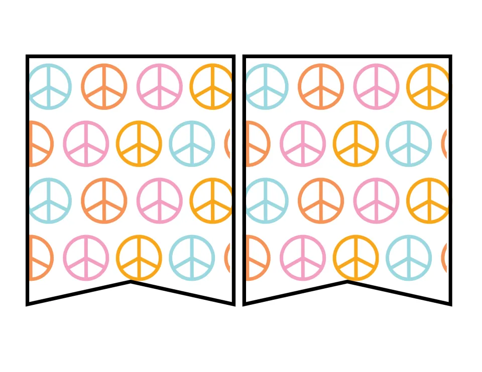 Retro banner pennants: two pieces patterned with rows of peace signs in blue, orange, pink and yellow