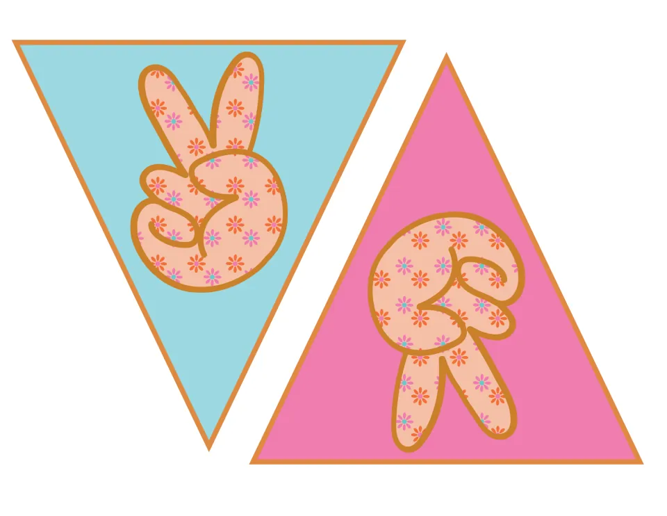 Triangle bunting pieces: blue and pink pennants, each showing a flower-patterned peace-sign hand, one printed upside down