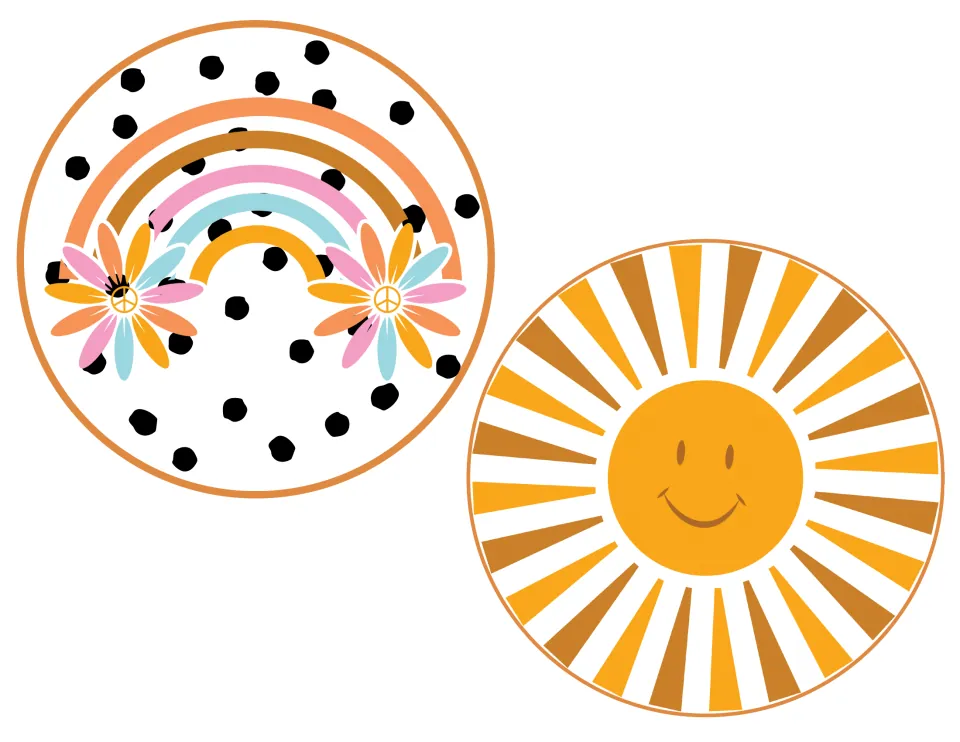 Round decor accents: a polka-dot circle with a rainbow and two peace-sign daisies, and a sun with a smiley face and rays