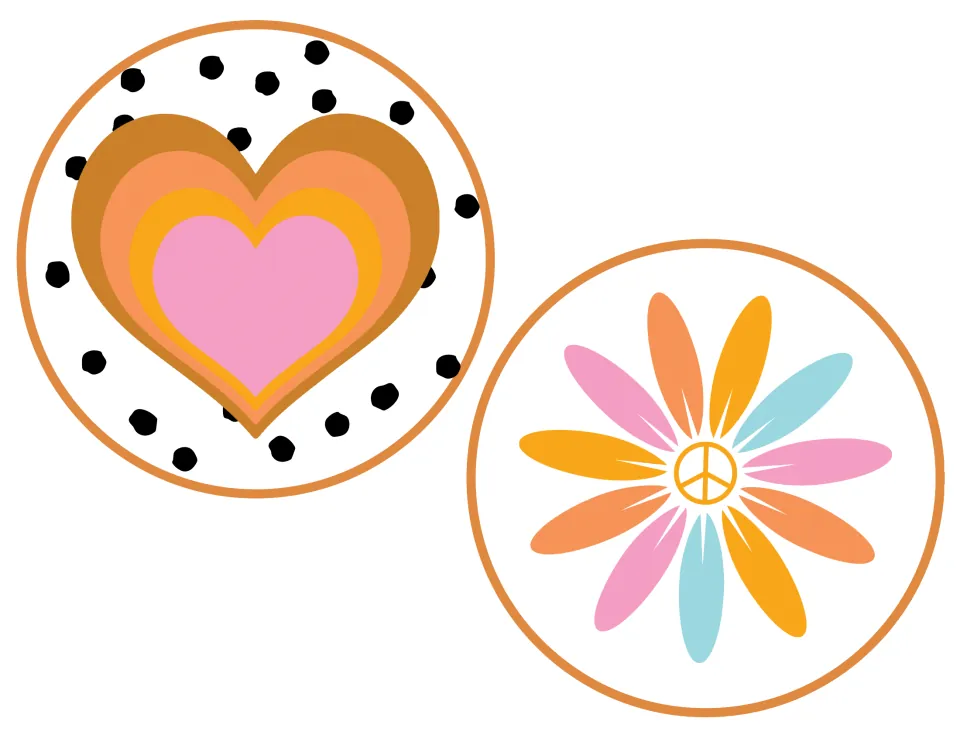 Round decor accents: a layered rainbow heart on black polka dots and a large peace-sign daisy on white