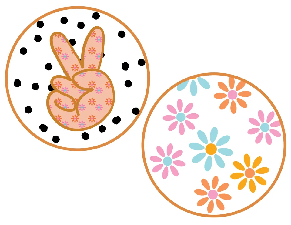 Round decor accents: a flower-patterned peace-sign hand on black polka dots and a circle of scattered colorful daisies
