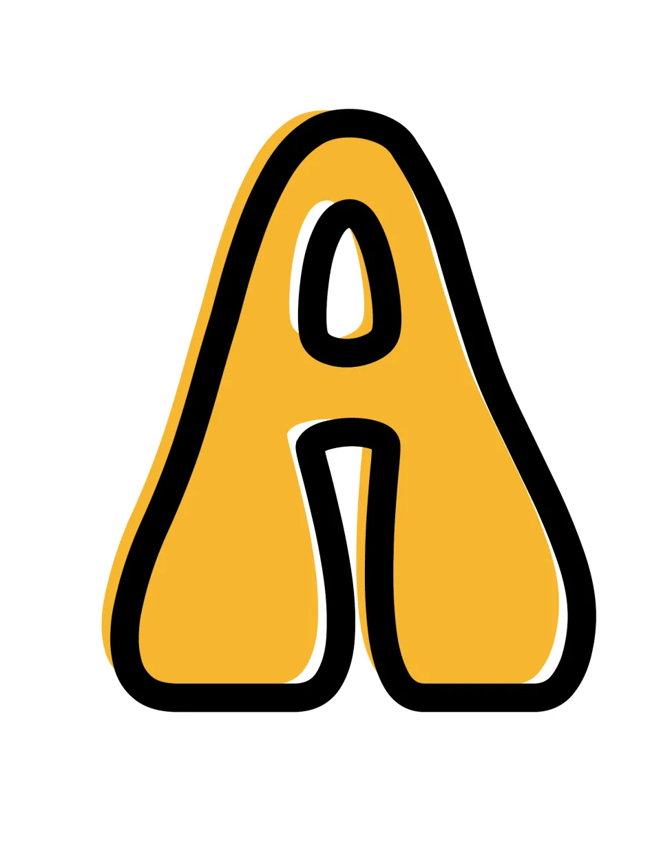 Letter A bulletin board cut-out: a retro 70s bubble capital A in mustard yellow with a thick black outline