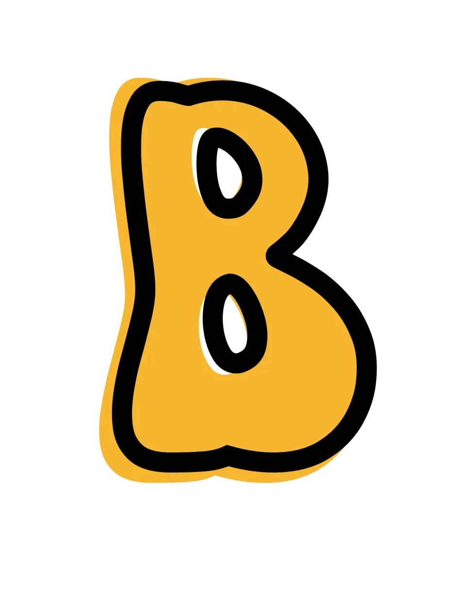Letter B display cut-out: a rounded, wavy capital B in mustard yellow, outlined in heavy black with a drop shadow