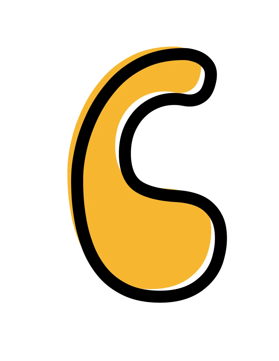 Letter C for bulletin board titles: a groovy bubble capital C filled mustard yellow, with a bold black outline