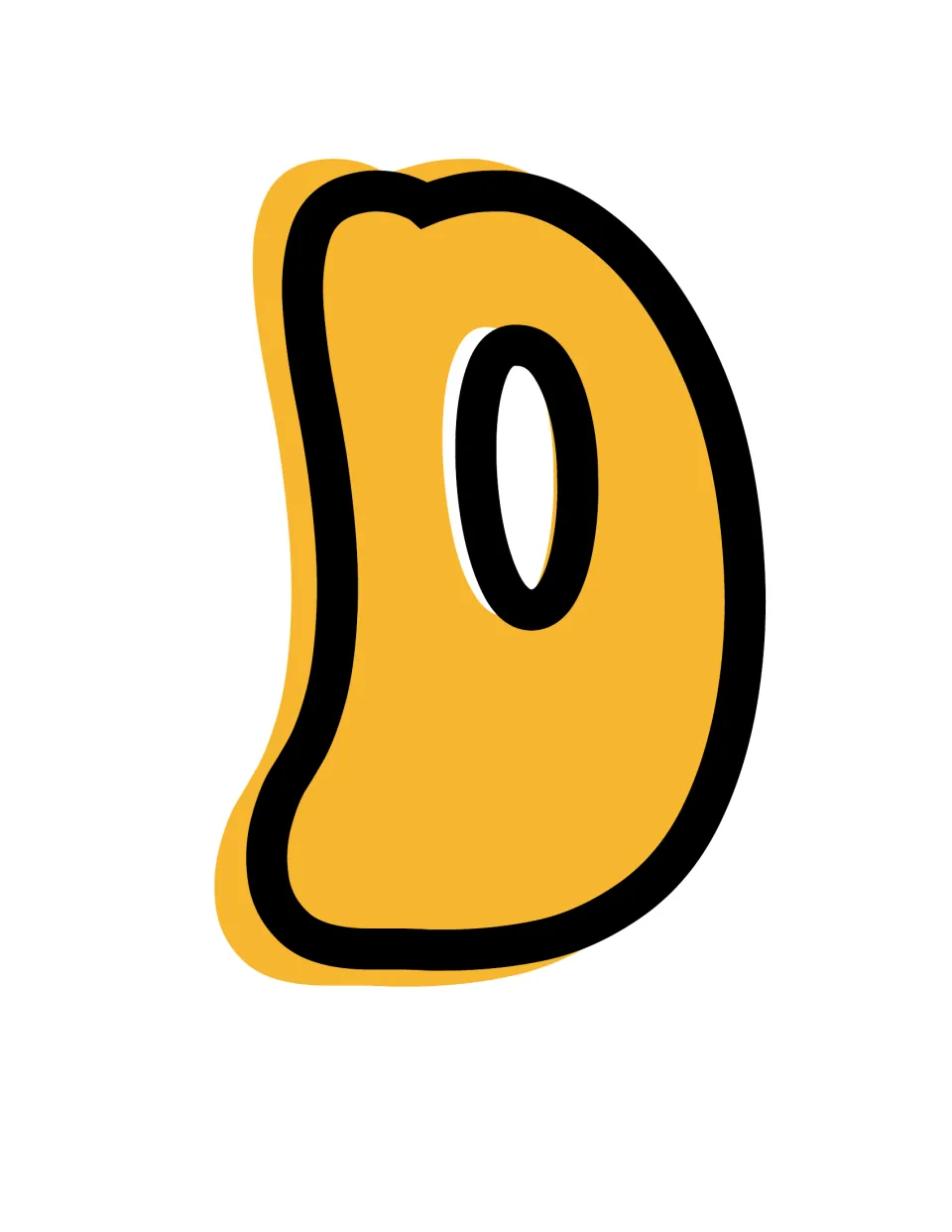 Letter D cut-out in 70s bubble style: a full-page mustard yellow capital D with an oval center and black outline