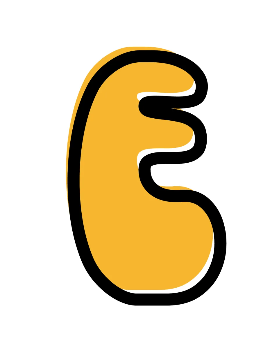 Letter E display piece: a curvy, rounded capital E with three soft arms, mustard yellow fill and heavy black outline