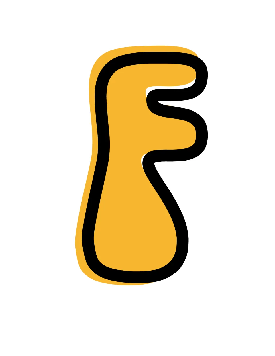 Letter F for wall titles: a retro capital F with a flared base and rounded arms, mustard yellow, outlined in black
