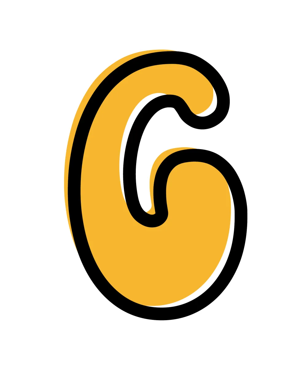 Letter G bubble cut-out: a wide, rounded capital G in mustard yellow with a curled inner spur and black outline