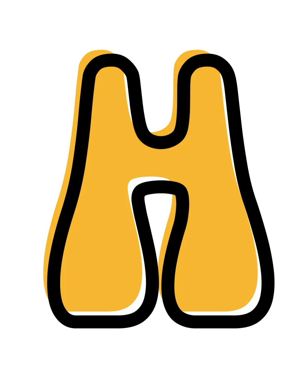 Letter H cut-out: a 70s-style capital H with flared legs and curved crossbar, mustard yellow with black outline