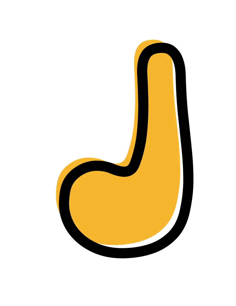 Letter J cut-out: a retro capital J with a wide rounded hook at the bottom, mustard yellow with a thick black outline