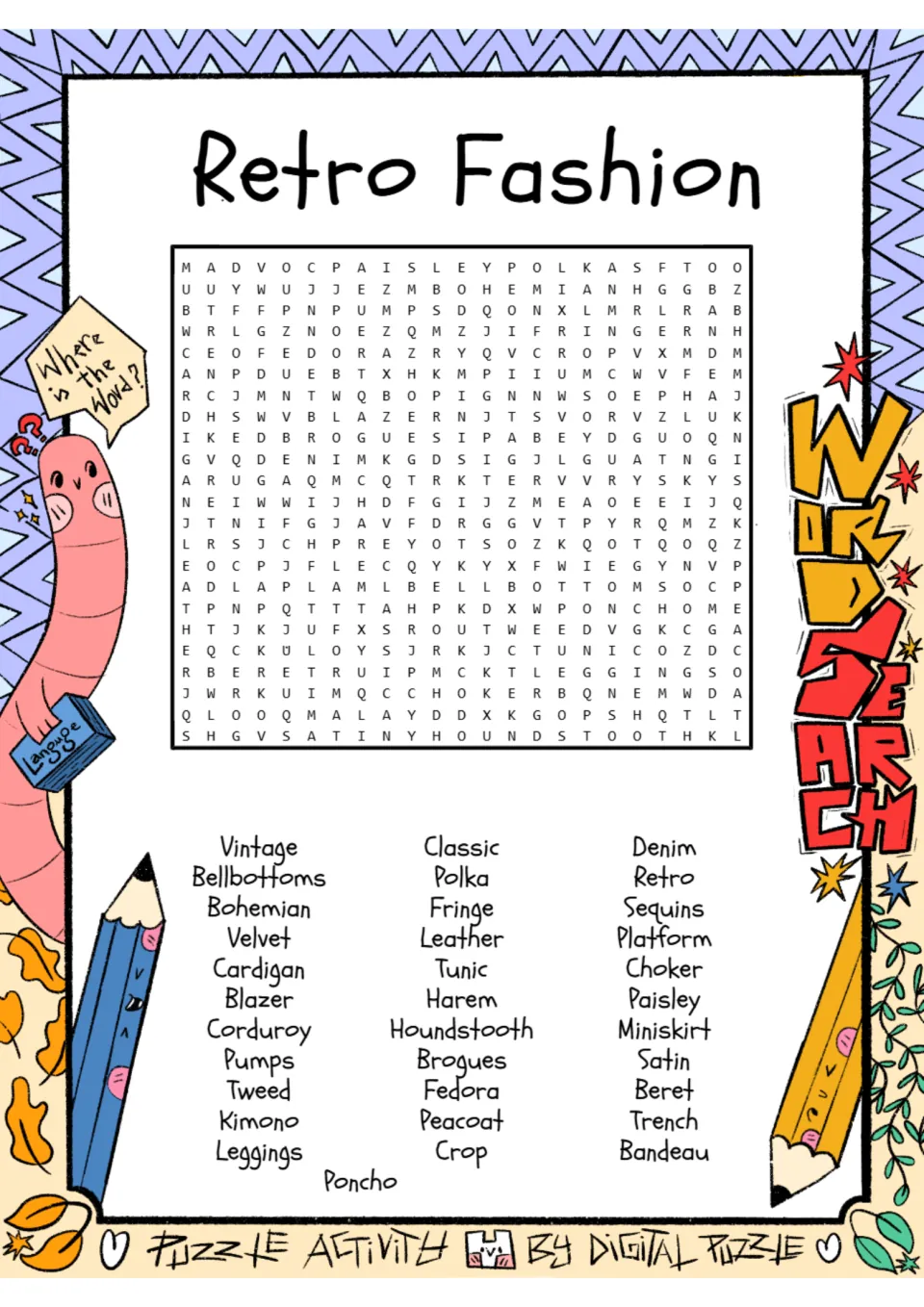 Retro fashion word search: 34 terms including vintage, bellbottoms, bohemian, velvet, cardigan, and blazer