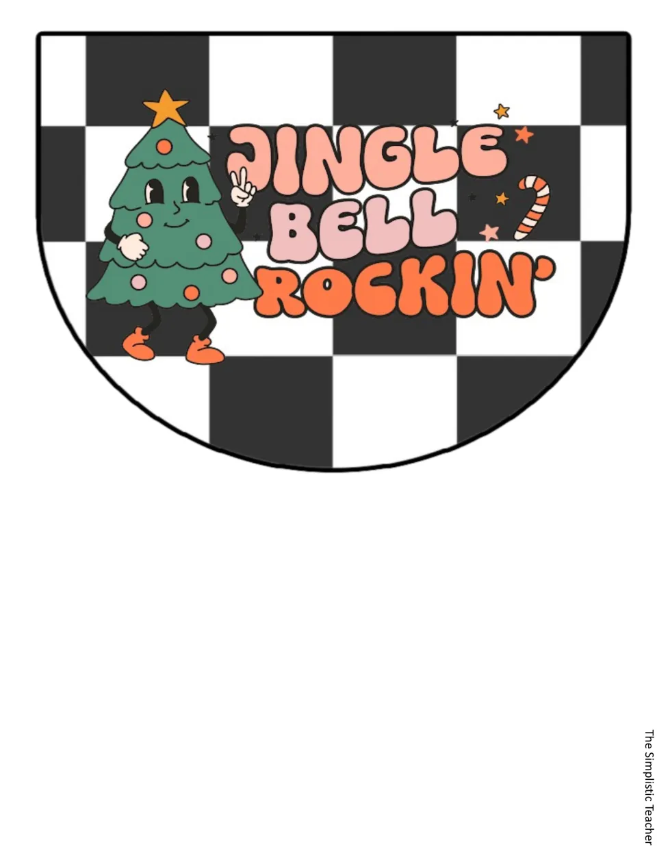 Christmas pennant reading 'Jingle Bell Rockin'' with a cartoon Christmas tree flashing a peace sign beside a candy cane