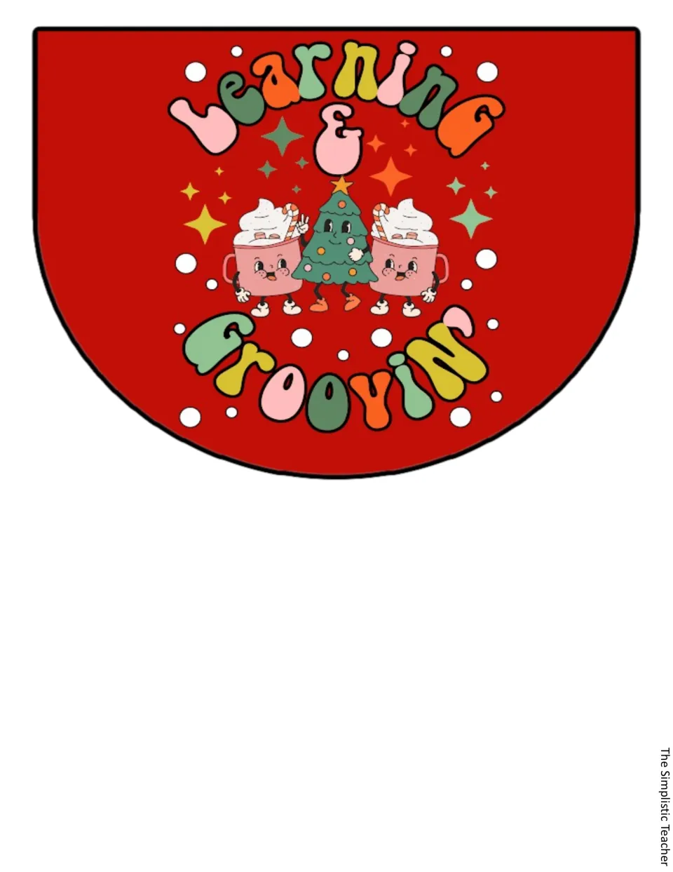 Red Christmas pennant reading 'Learning & Groovin'' with a dancing tree between two smiling hot cocoa mugs and snow