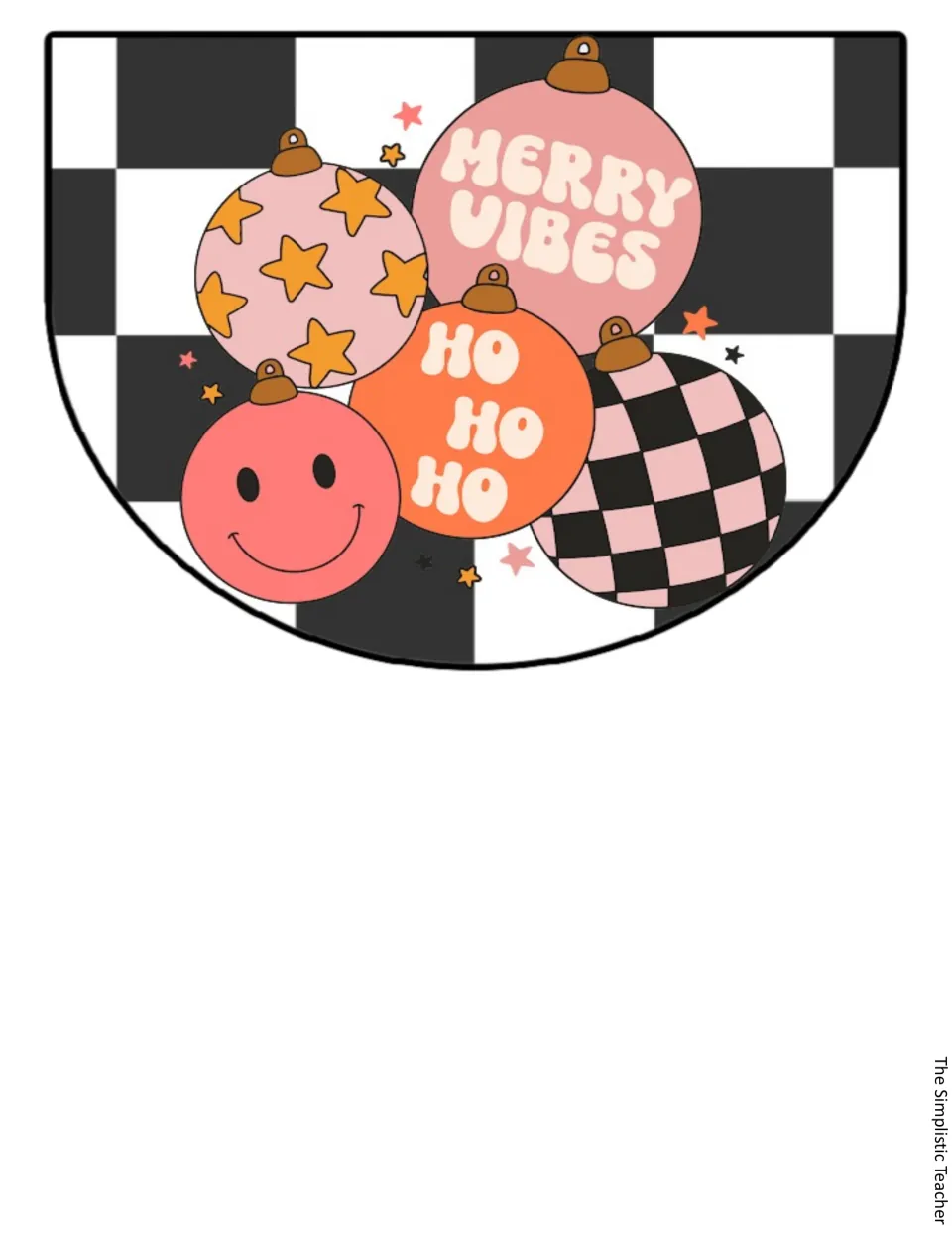 Christmas pennant of five retro ornaments reading 'Merry Vibes' and 'Ho Ho Ho', with a smiley, star and checkered ball