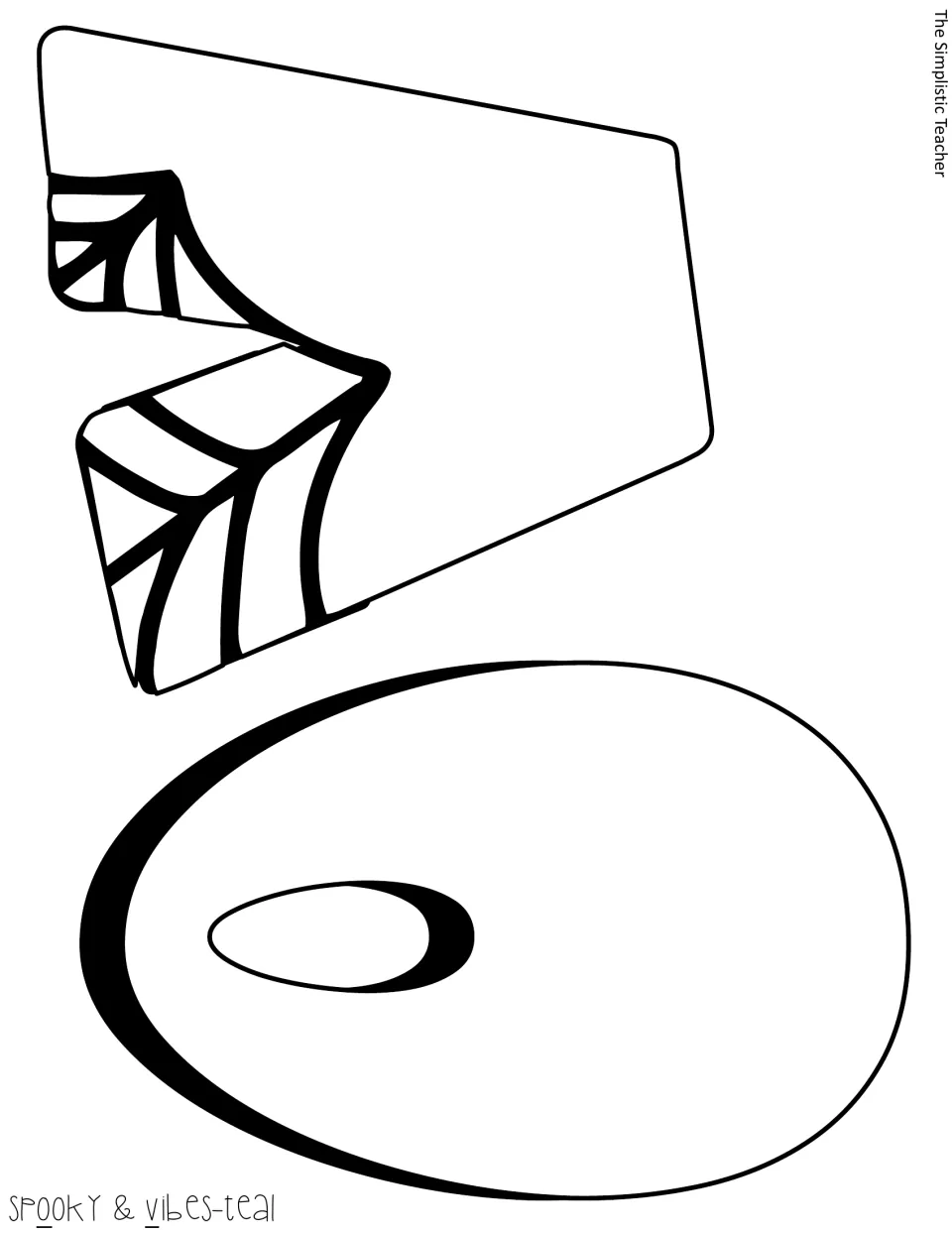 Spooky & vibes-teal letter template: a spider-web V and an outlined O, cut-out pieces shown sideways on the page