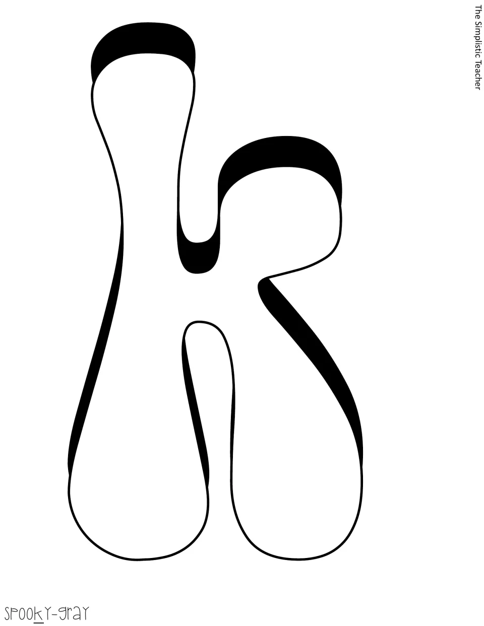 Spooky-gray letter template: one large outlined K with a drop shadow, a cut-out piece for the word Spooky