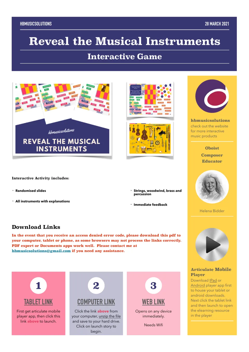Reveal the Musical Instruments Interactive Game cover: game slide previews plus tablet, computer and web links