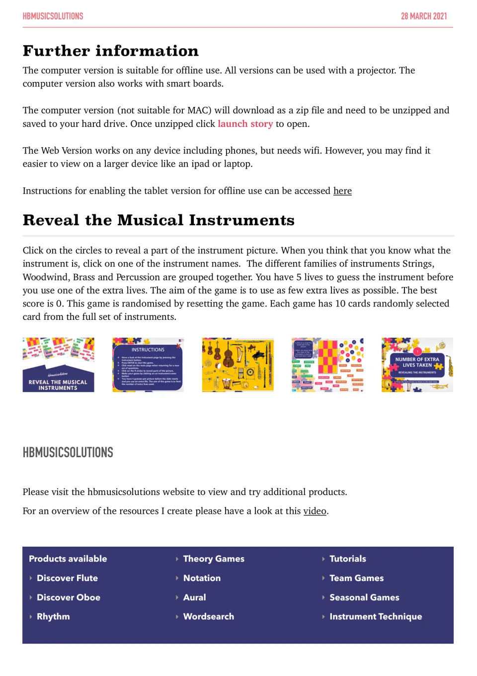 Game instructions: students click circles to reveal part of an instrument picture, then pick its name using 5 lives