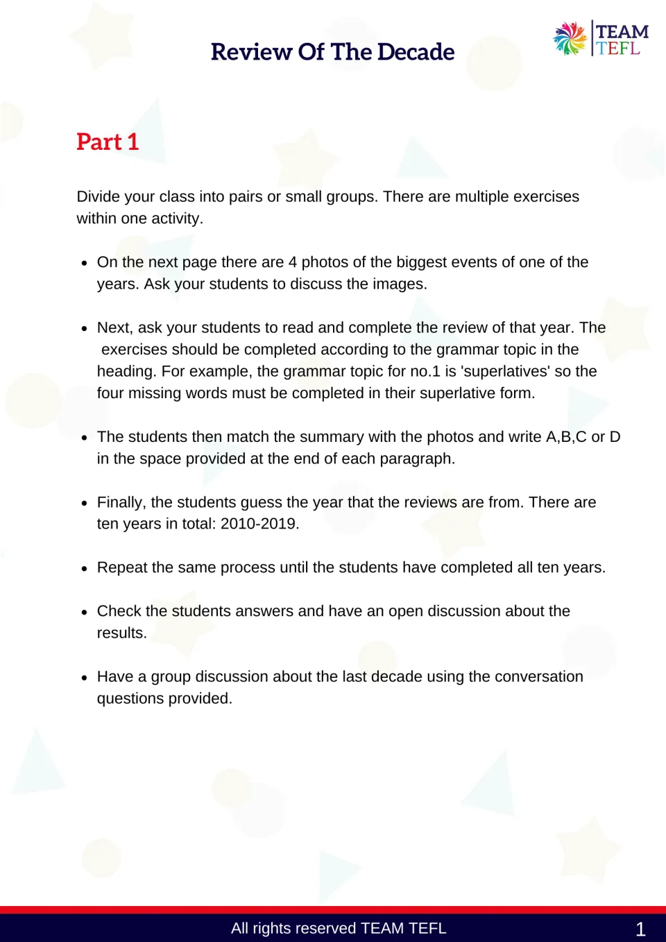 Part 1 teacher instructions: discuss event photos, complete grammar tasks, match summaries, and guess years