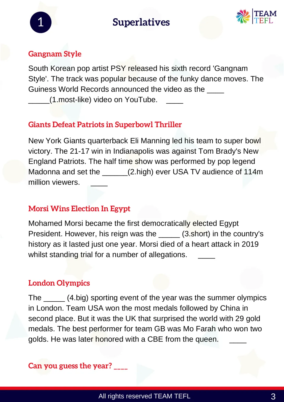 Activity 1 superlatives practice reviews Gangnam Style, the Super Bowl, Egypt's election, and the Olympics