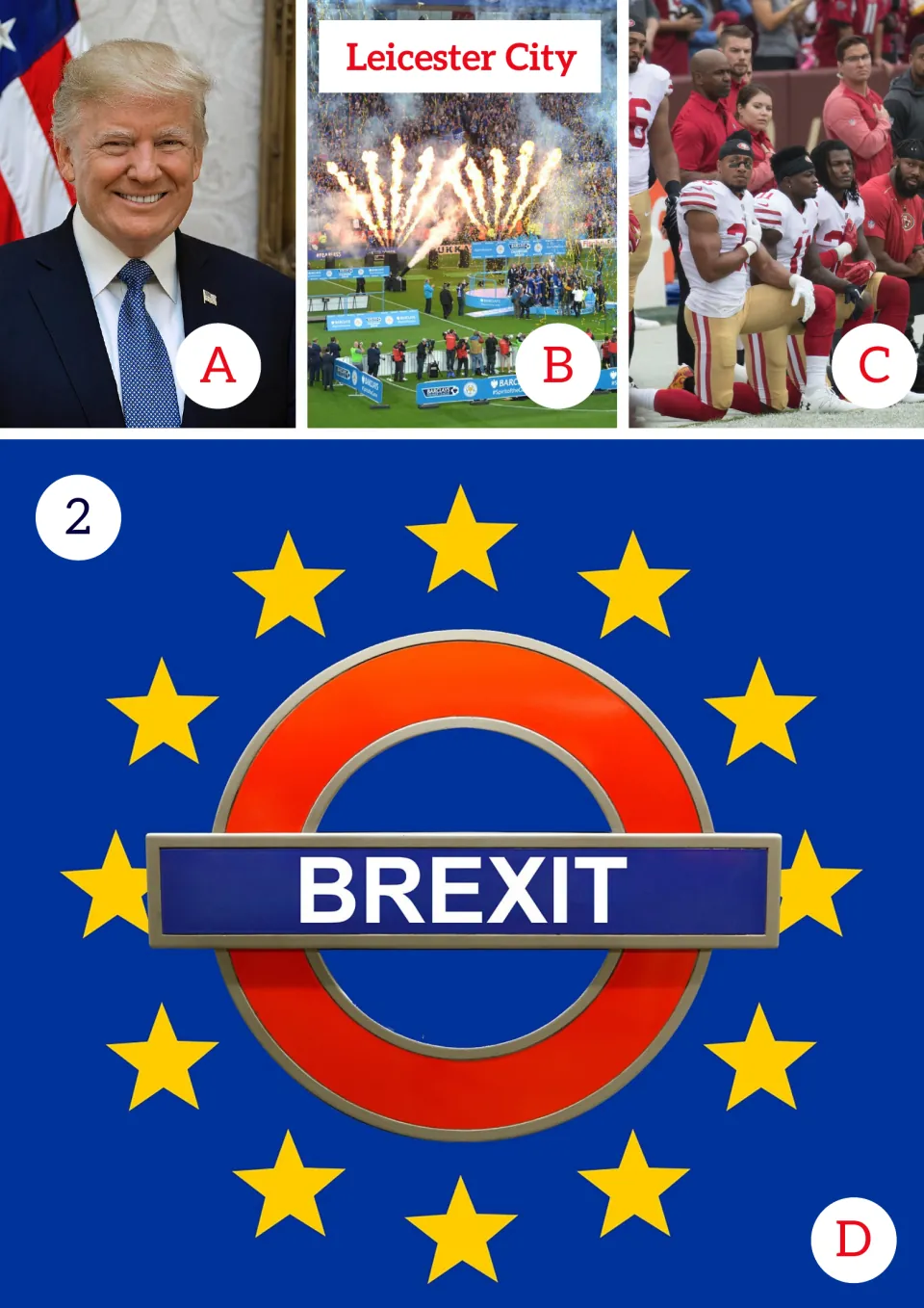 Activity 2 matching photos: Trump, Leicester City, kneeling football players, and Brexit, labeled A–D