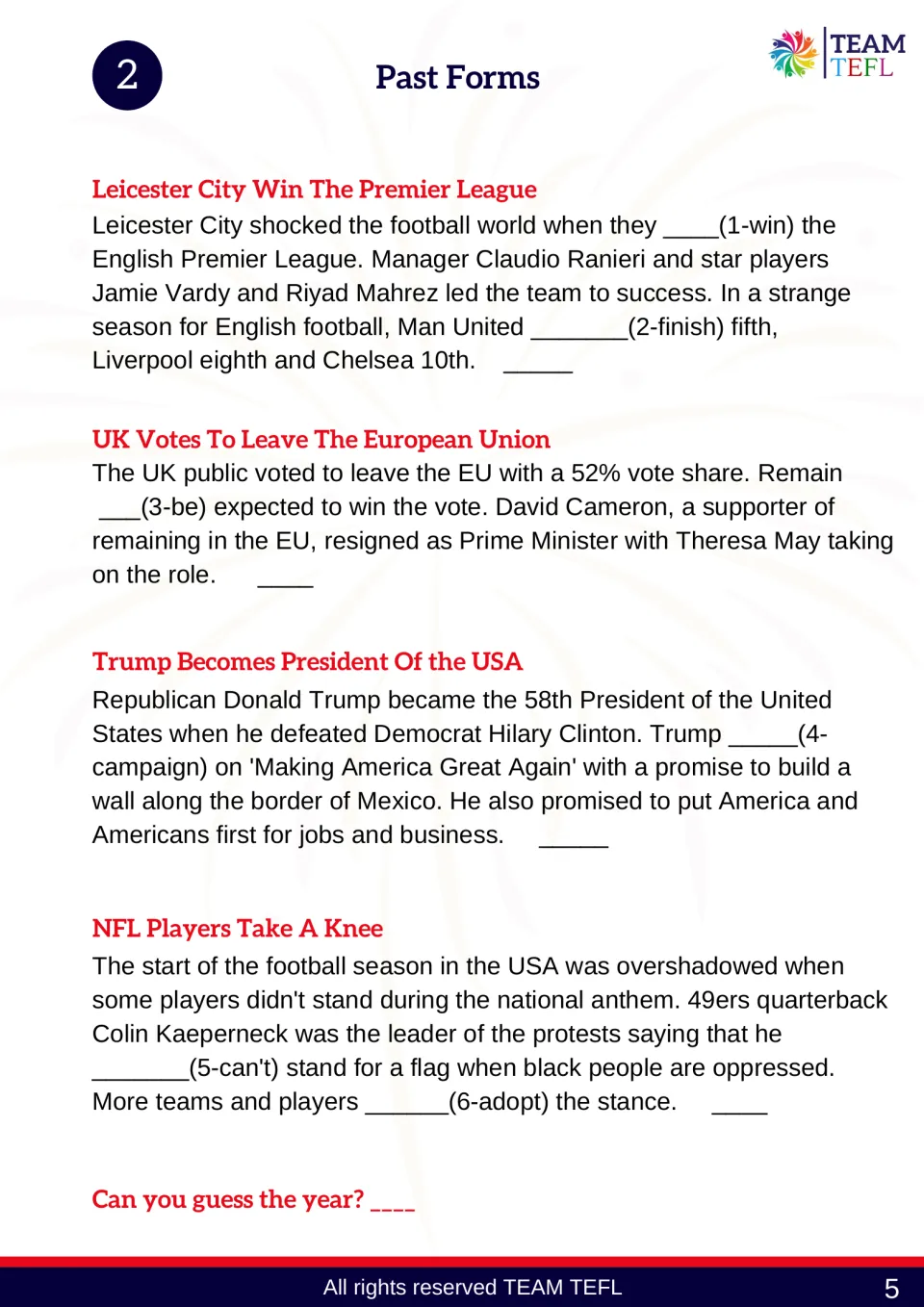 Activity 2 past forms practice covers Leicester City, Brexit, Trump's election, and NFL kneeling protests