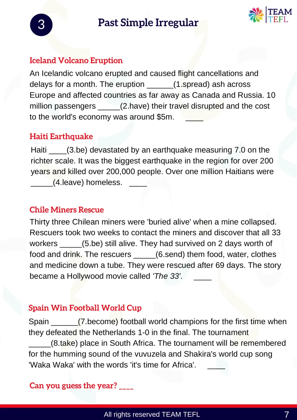 Activity 3 irregular past tense practice covers Iceland, Haiti, Chile's miners, and Spain's World Cup win