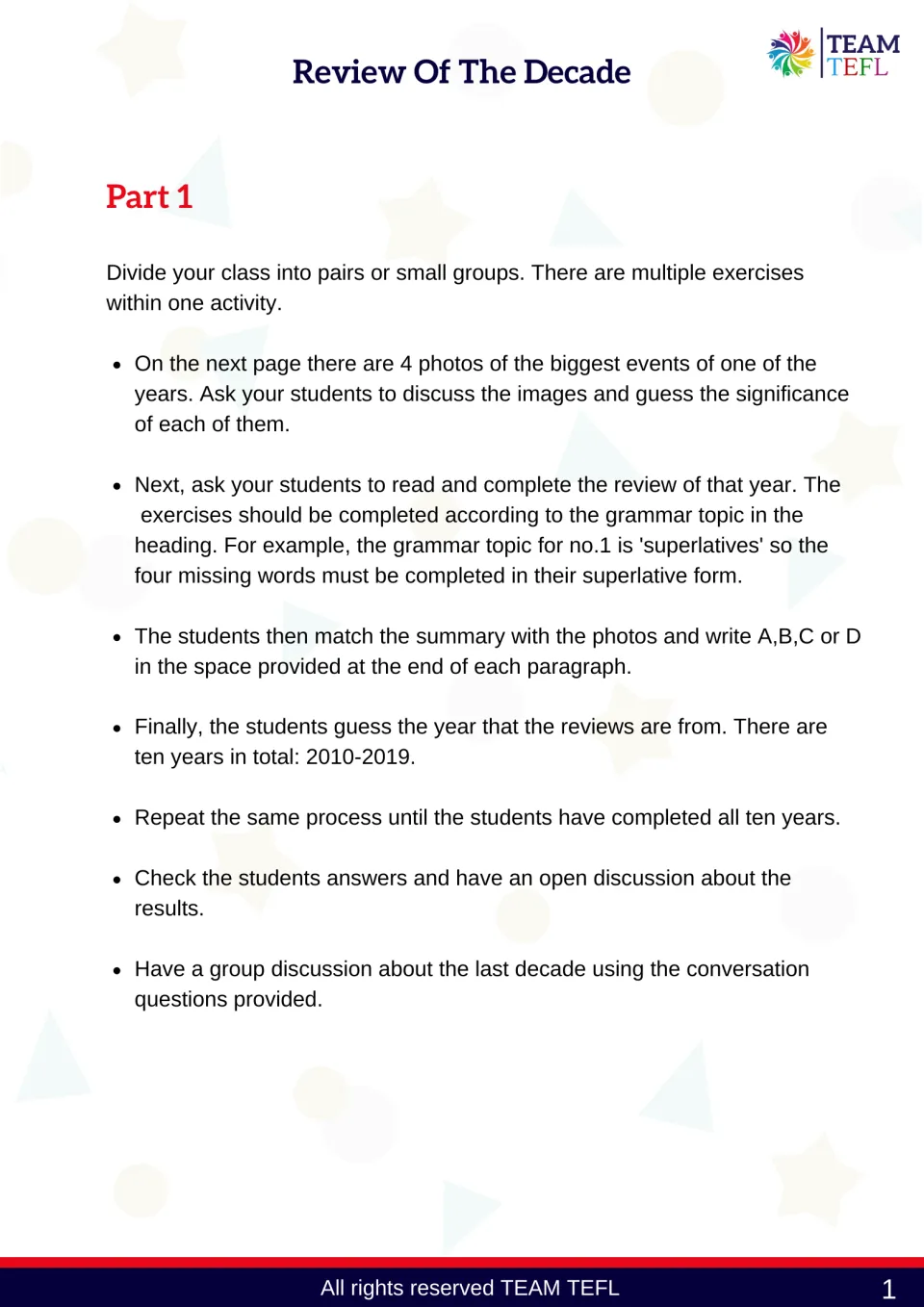 Teacher directions for discussing event photos, completing grammar reviews, matching photos, and guessing years