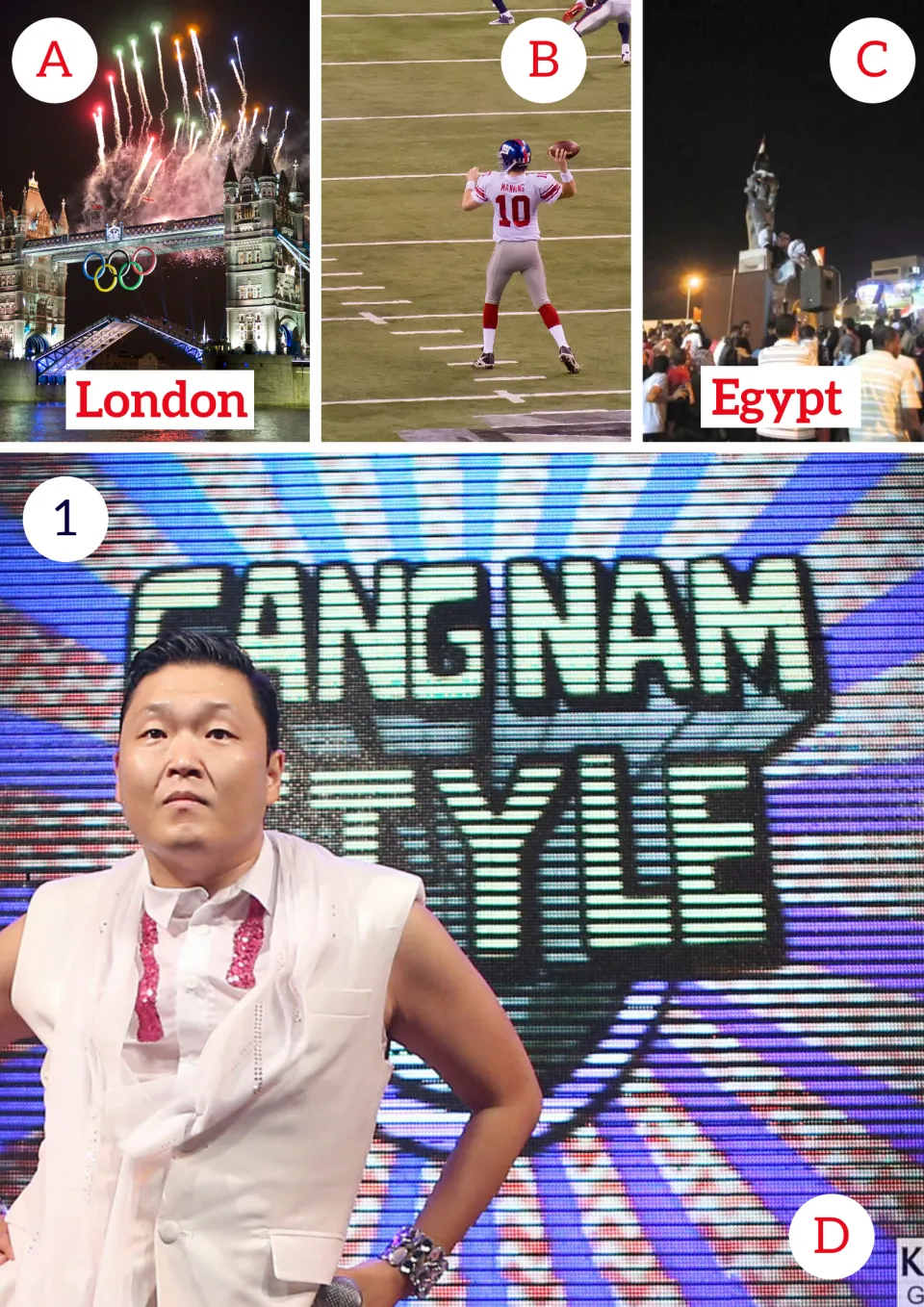 Activity 1 photo prompts: London Olympics, Giants football, Egypt, and Gangnam Style, labeled A through D