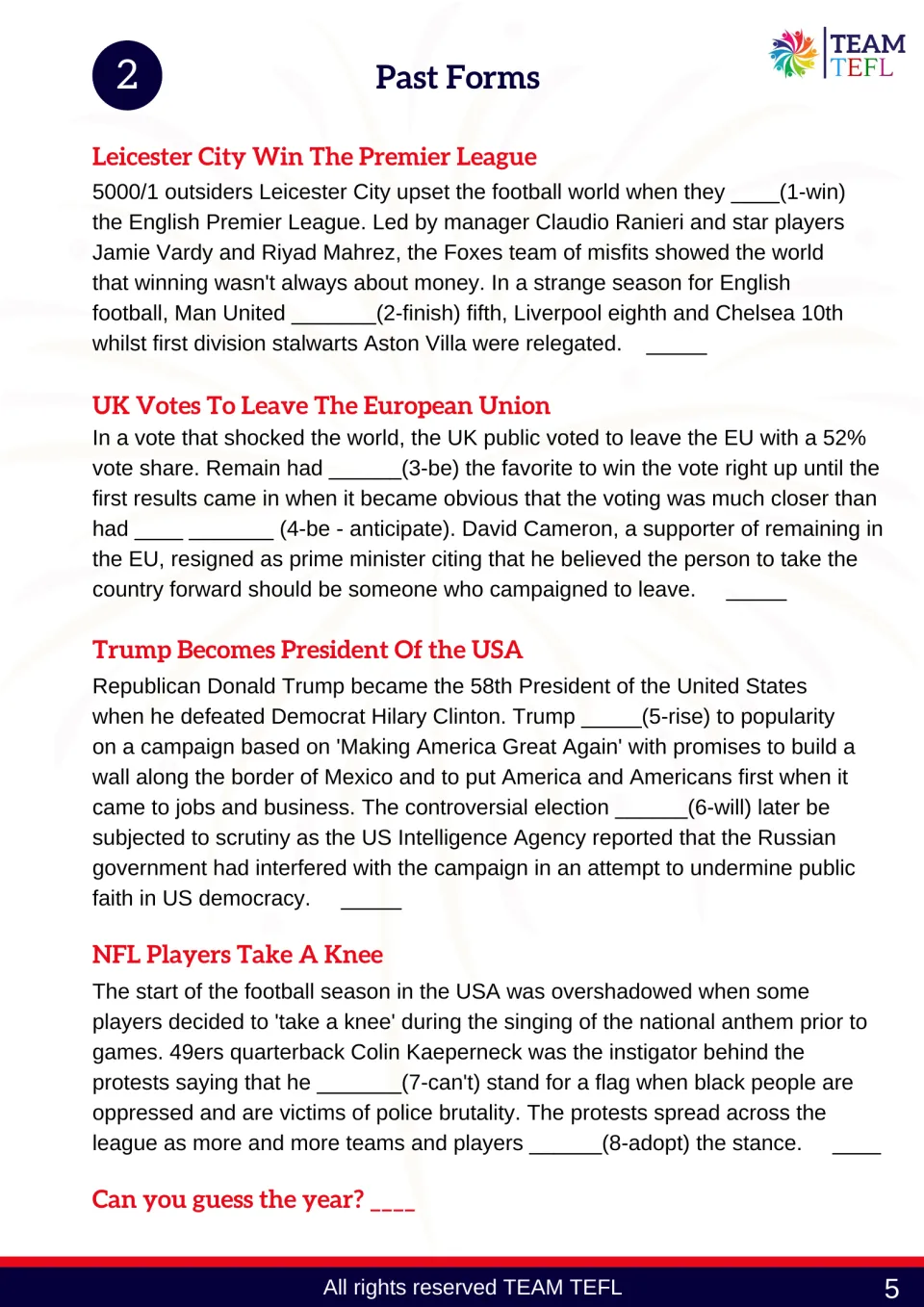 Activity 2 past-form practice covers Leicester City's win, the Brexit vote, Trump's election, and NFL protests