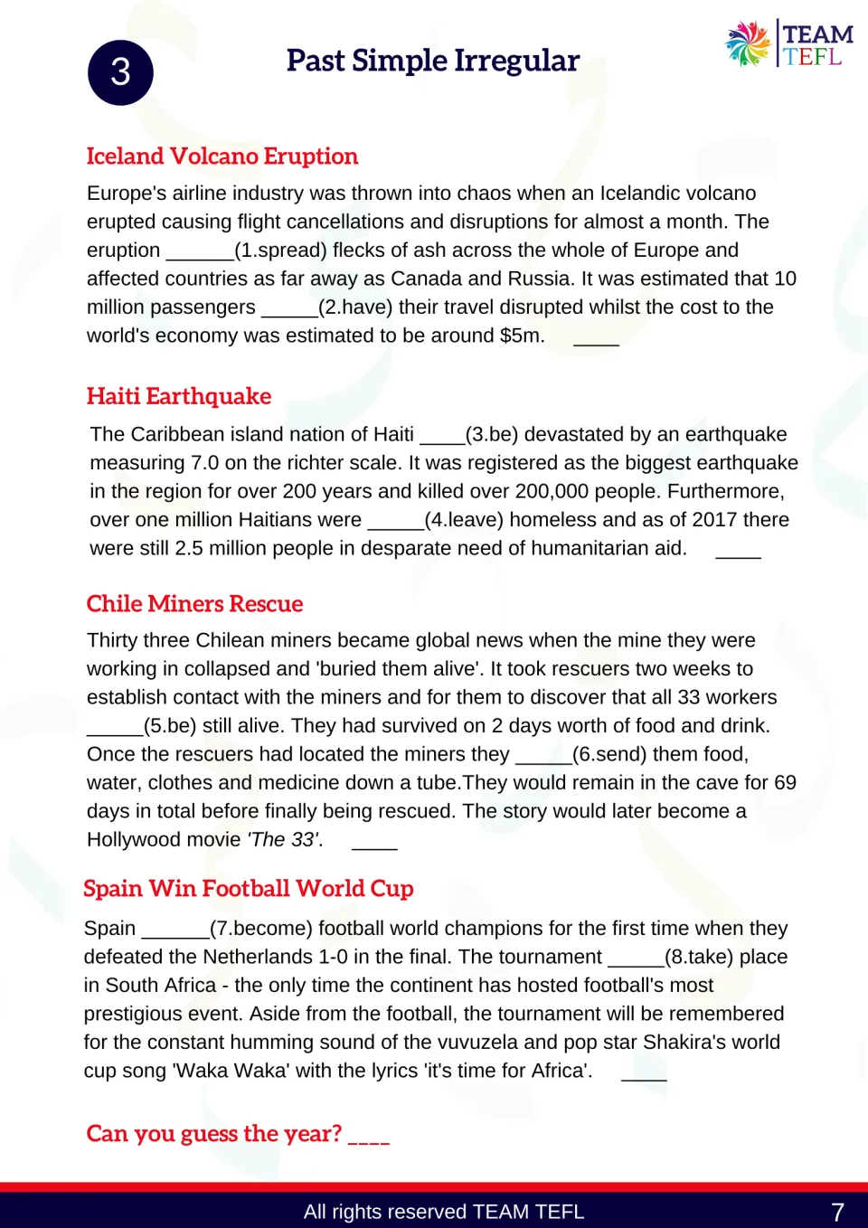 Activity 3 irregular past-tense practice covers Iceland's eruption, Haiti, Chile's miners, and Spain's World Cup