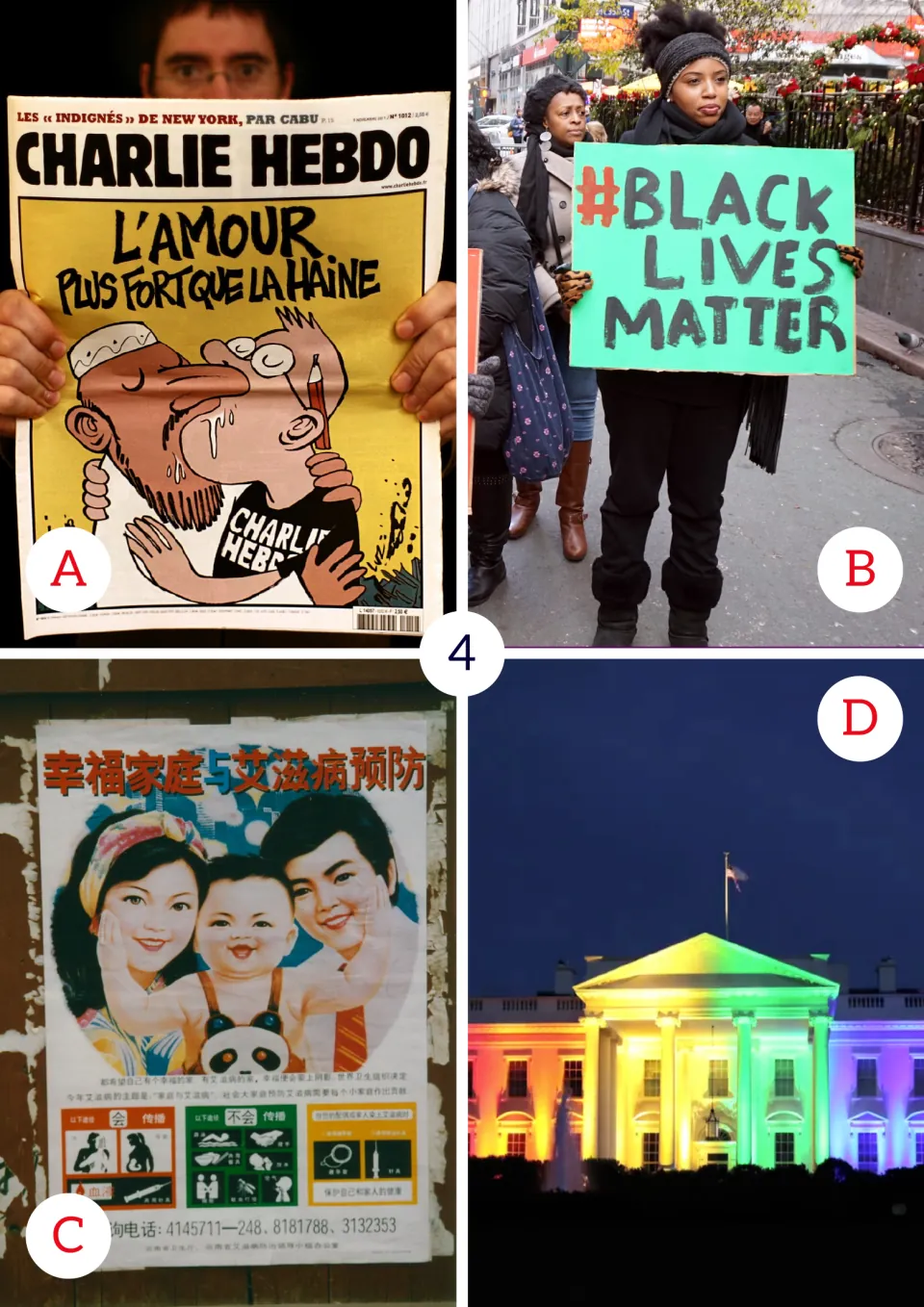 Activity 4 photo prompts: Charlie Hebdo, Black Lives Matter, a Chinese family poster, and the rainbow White House