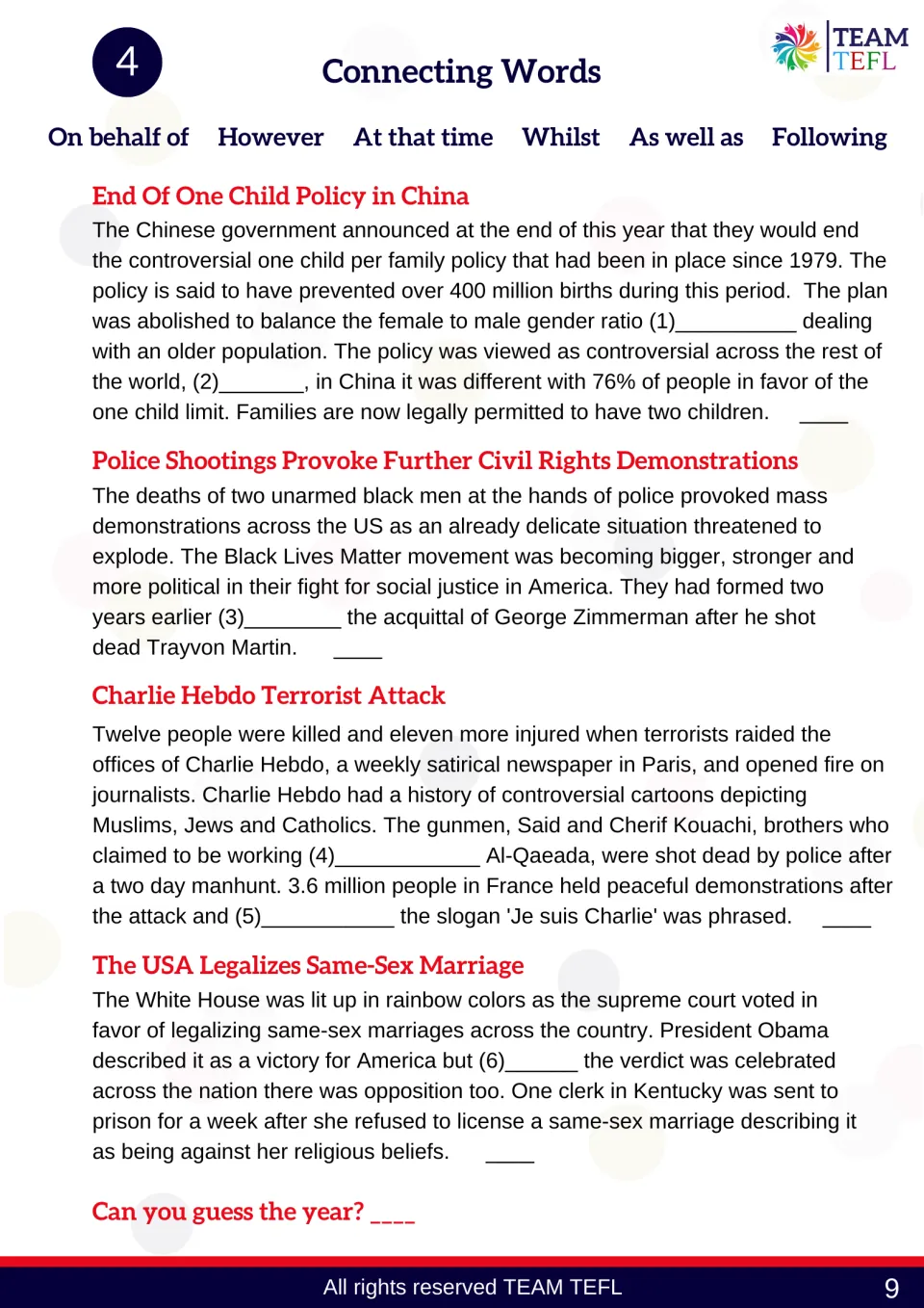 Activity 4 connecting-word practice covers China's one-child policy, civil rights, Charlie Hebdo, and marriage