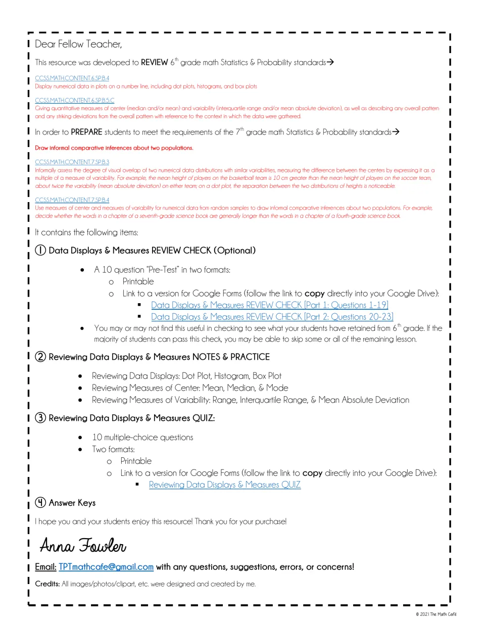 Teacher introduction outlining statistics review standards, review check, notes, practice, quiz, and answer keys
