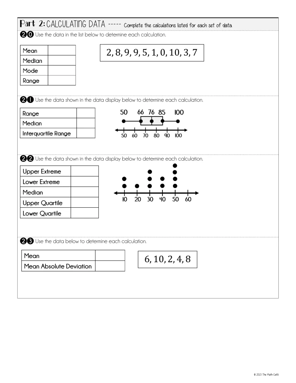 Review check Part 2: questions 20–23 calculate center, range, quartiles, and mean absolute deviation