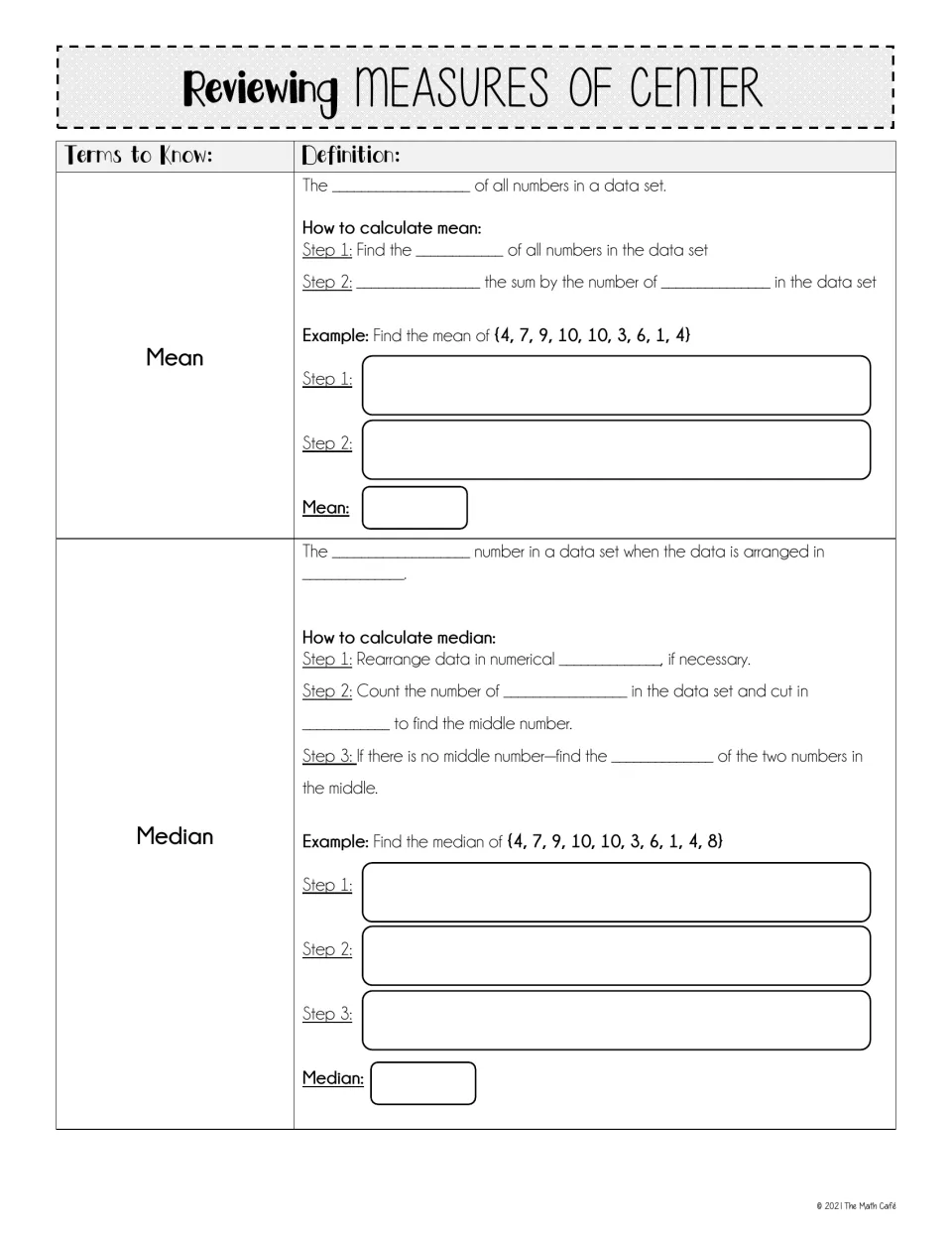 Measures of center notes: complete mean and median definitions, calculation steps, and numerical examples