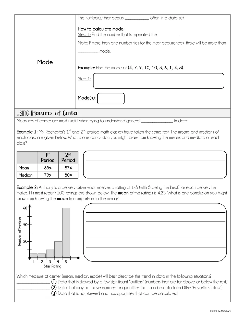 Mode notes and measures of center examples compare class test results, delivery ratings, and suitable measures