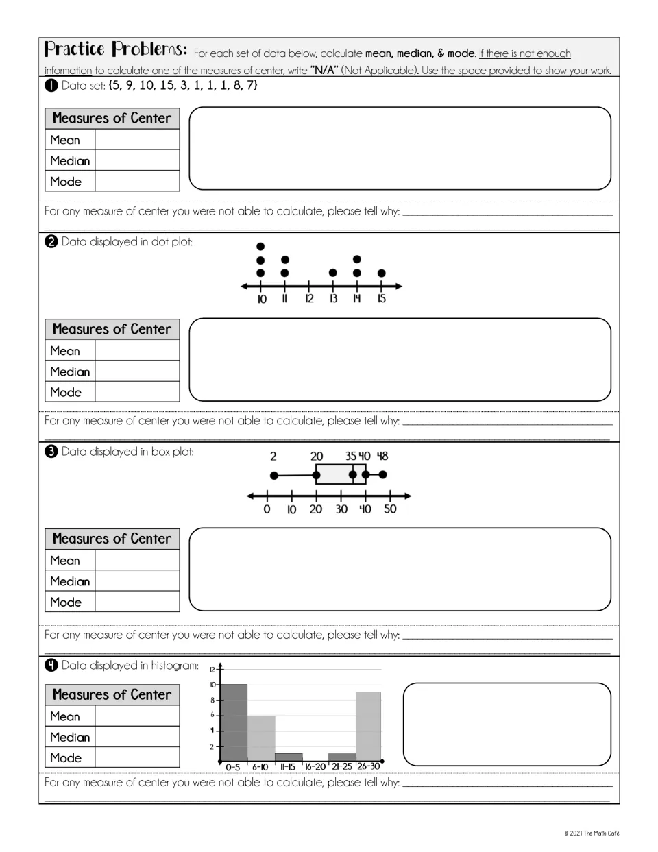 Measures of center practice: find mean, median, and mode from a number list, dot plot, box plot, and histogram