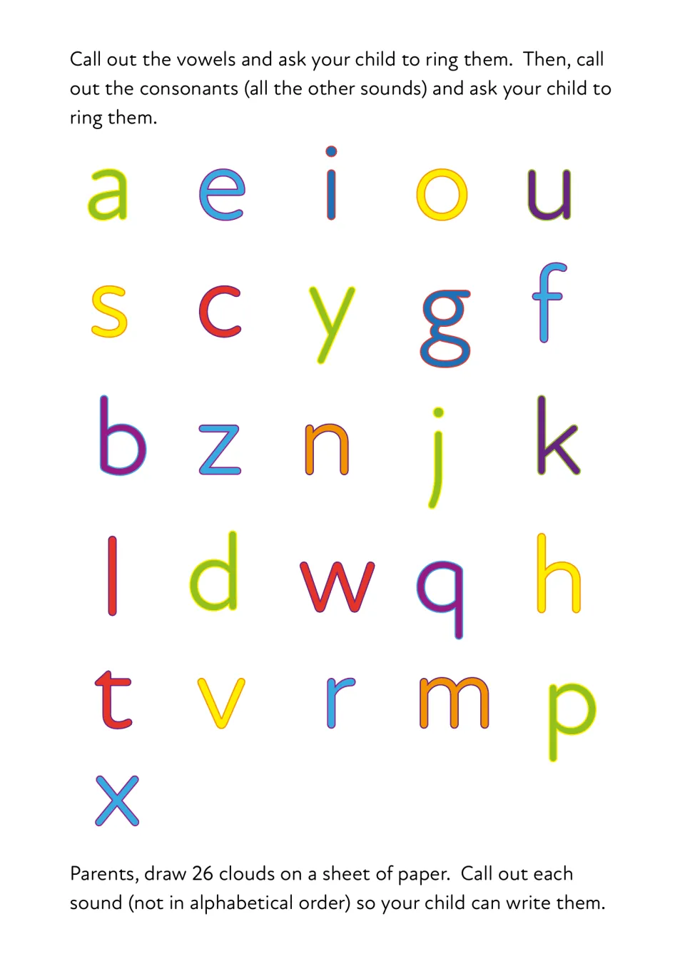 Vowels and consonants: children ring the vowels a, e, i, o, u, then the consonants as an adult calls out each letter sound