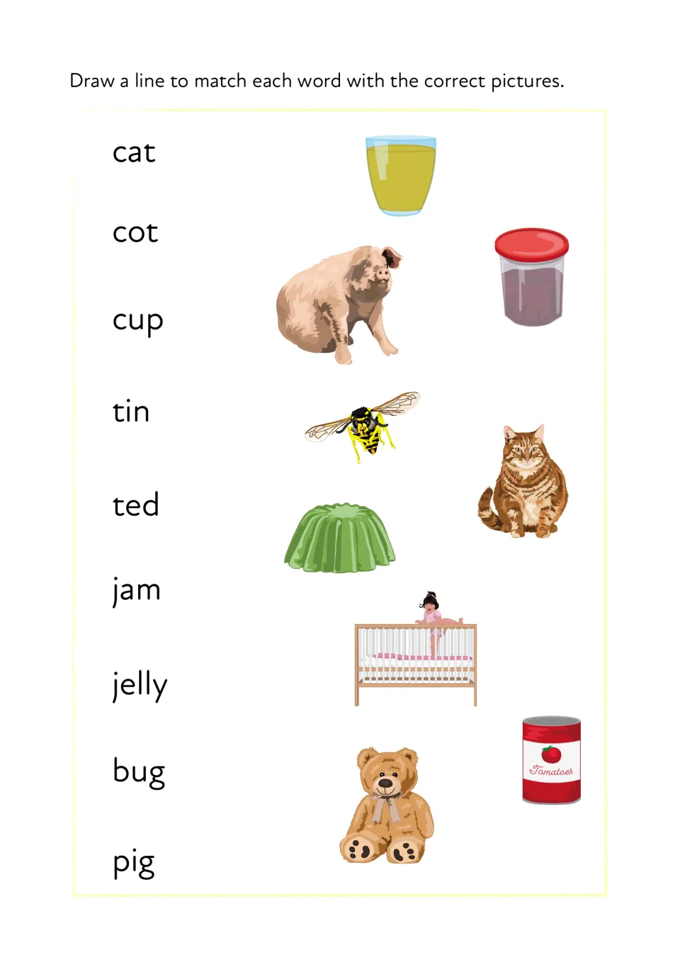 Word-to-picture matching: children draw lines linking cat, cot, cup, tin, ted, jam, jelly, bug and pig to pictures
