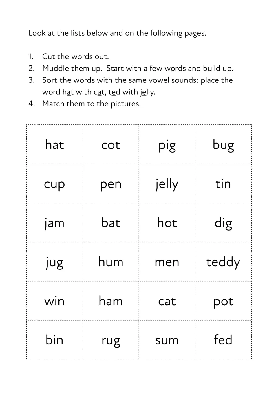 Short vowel word sort: children cut out 24 word cards such as hat, pen, pig, pot and bug and group them by vowel sound