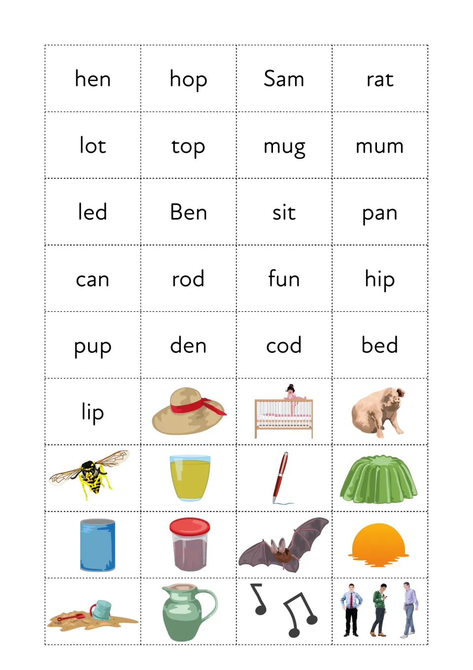 Three-letter word cards hen, hop, Sam, rat, mug, bed and lip, plus picture cards for hat, cot, pig, bug, pen, bat and sun