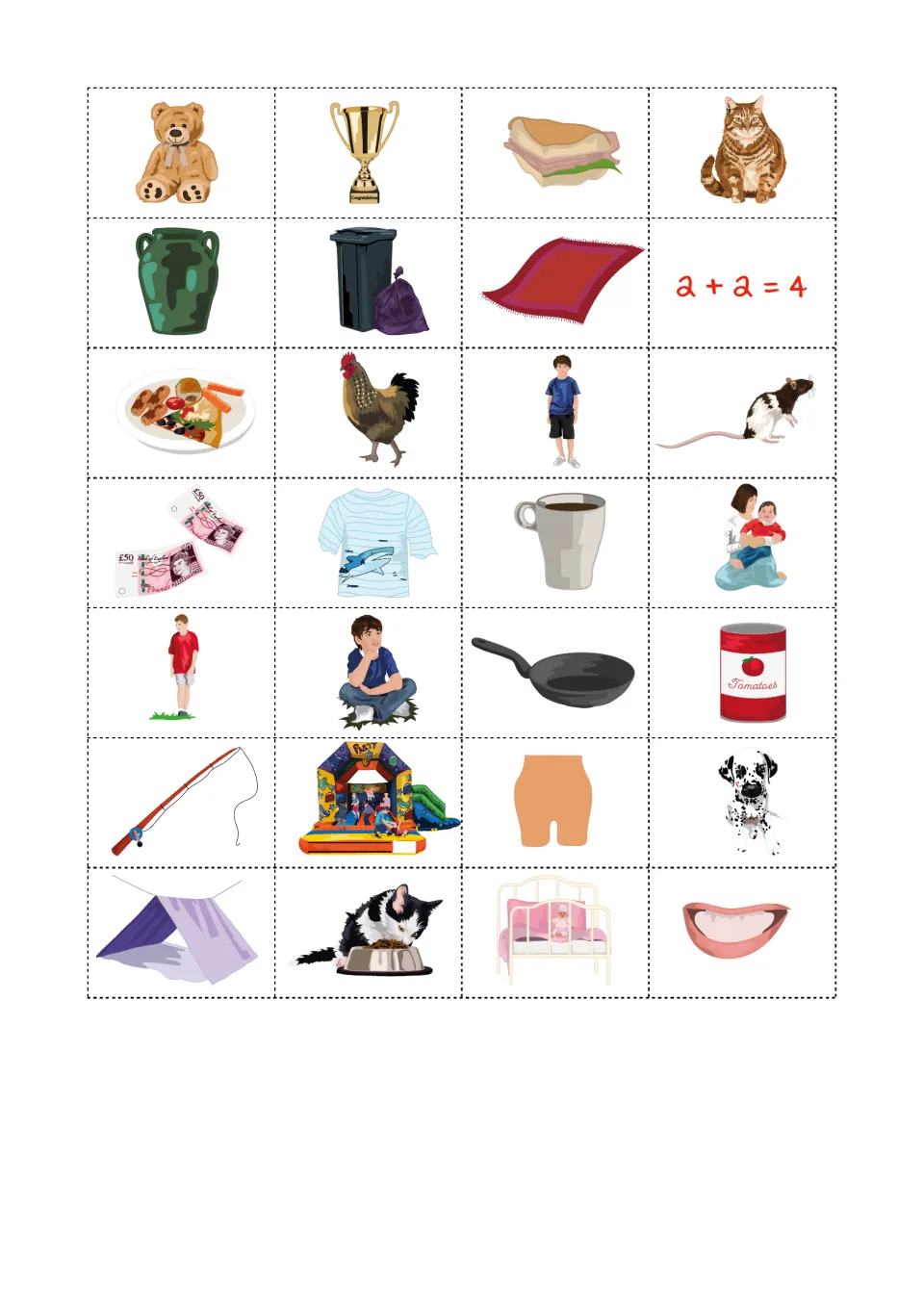 Picture cards to cut out for word matching: teddy, cat, bin, rug, hen, mug, pan, rod, tent and lips
