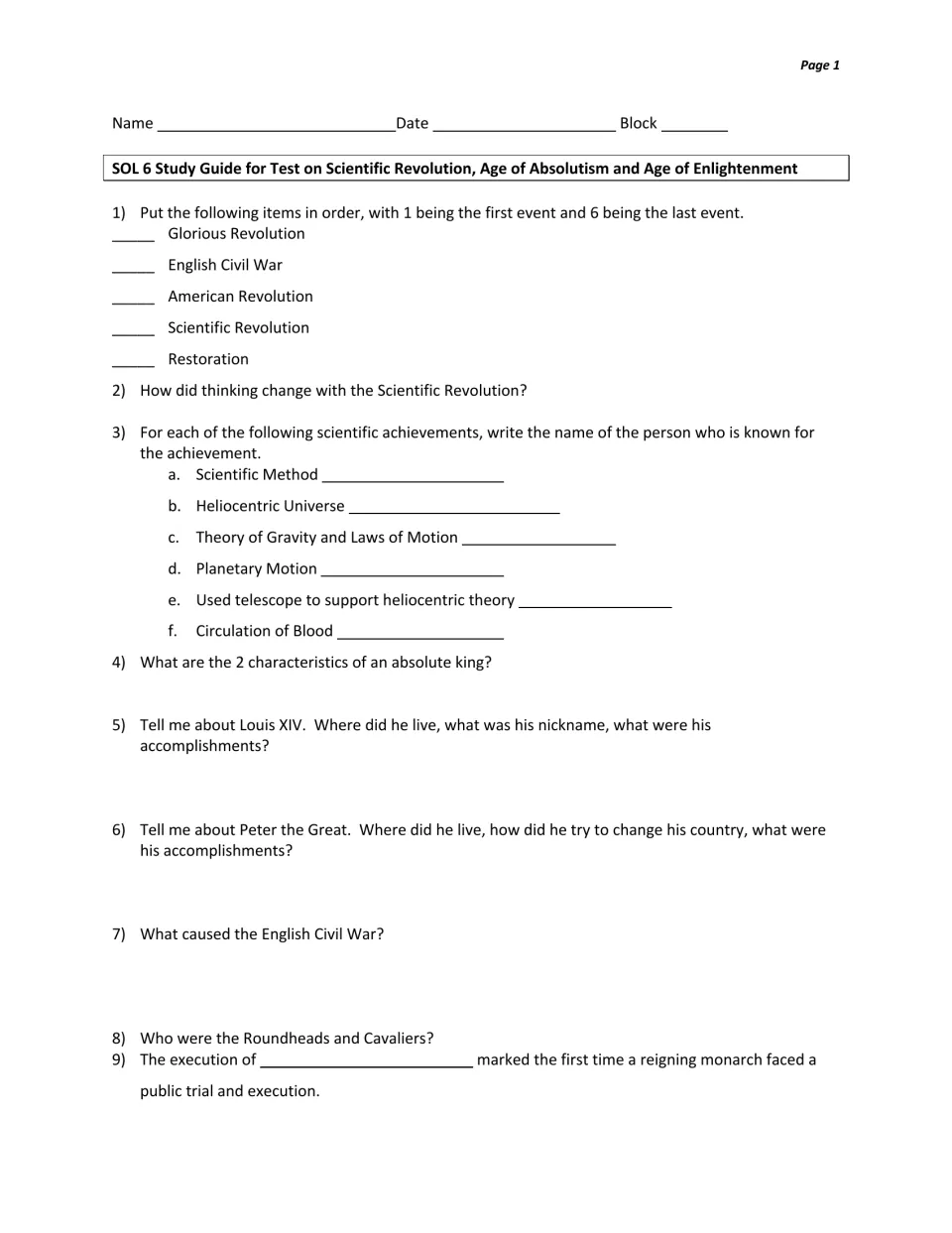 Study guide questions 1–9 cover the Scientific Revolution, absolute monarchs, and the English Civil War.